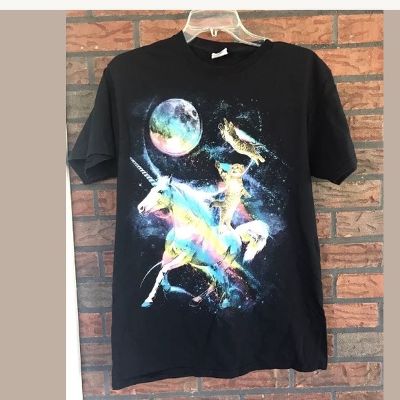 Fruit of the Loom Tops - Cats & Unicorn Space Rainbow T-Shirt Galaxy Black